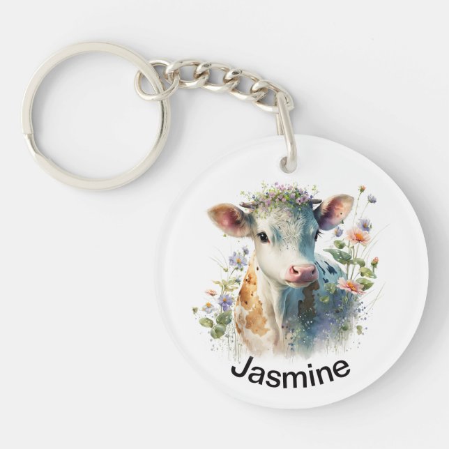 Niedliche Kuh mit Ihrem Namen Blumenfarm Schlüsselanhänger (Vorderseite)