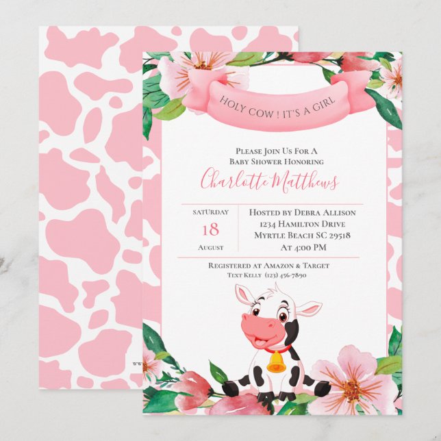 Niedliche Kuh Pink Aquarell BläsernBaby Dusche Einladung (Vorne/Hinten)