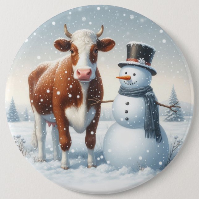 Niedliche Kuh & Schneemann im Winterfeld Button (Vorderseite)