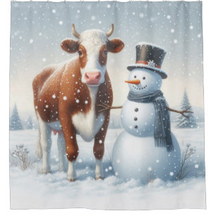 Niedliche Kuh & Schneemann im Winterfeld Duschvorhang