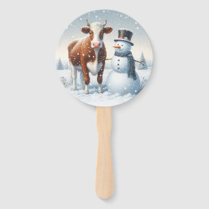Niedliche Kuh & Schneemann im Winterfeld Fächer