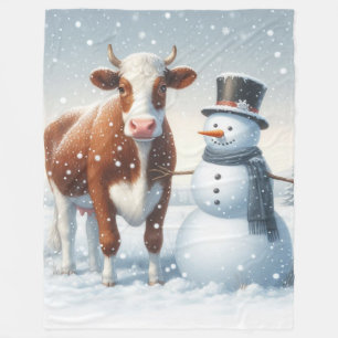 Niedliche Kuh & Schneemann im Winterfeld Fleecedecke