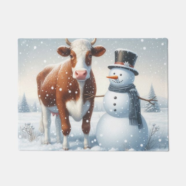 Niedliche Kuh & Schneemann im Winterfeld Fußmatte (Vorderseite)