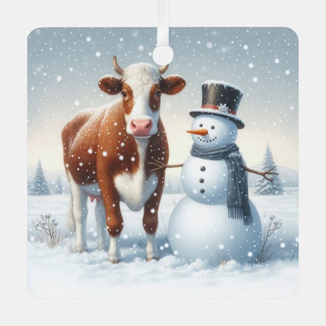 Niedliche Kuh & Schneemann im Winterfeld Ornament Aus Metall (Vorderseite)