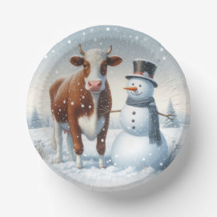 Niedliche Kuh & Schneemann im Winterfeld Pappteller