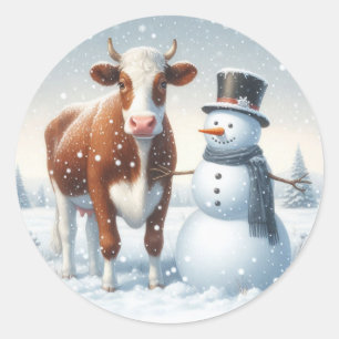 Niedliche Kuh & Schneemann im Winterfeld Runder Aufkleber