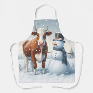 Niedliche Kuh & Schneemann im Winterfeld Schürze