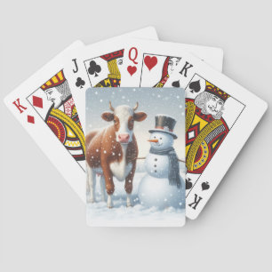 Niedliche Kuh & Schneemann im Winterfeld Spielkarten