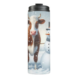 Niedliche Kuh & Schneemann im Winterfeld Thermosbecher