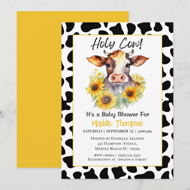 Niedliche Kuh Sonnenblumen Farm Baby Dusche Einlad Einladung (Vorne/Hinten)