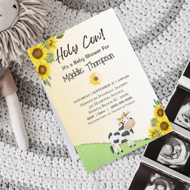 Niedliche Kuh Sonnenblumen Farm Baby Dusche Einladung (Von Creator hochgeladen)