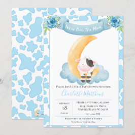 Niedliche Kuh über dem Mond Blue Baby Dusche Einladung