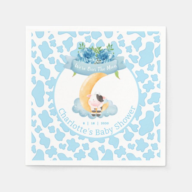 Niedliche Kuh über dem Mond Blue Baby Dusche Serviette (Vorderseite)
