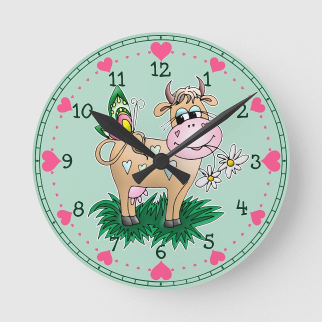 Niedliche Kuh- und Schmetterlingshörnchen Runde Wanduhr (Vorderseite)