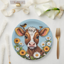 Niedliche Kuh und Vögel mit Blume Pappteller