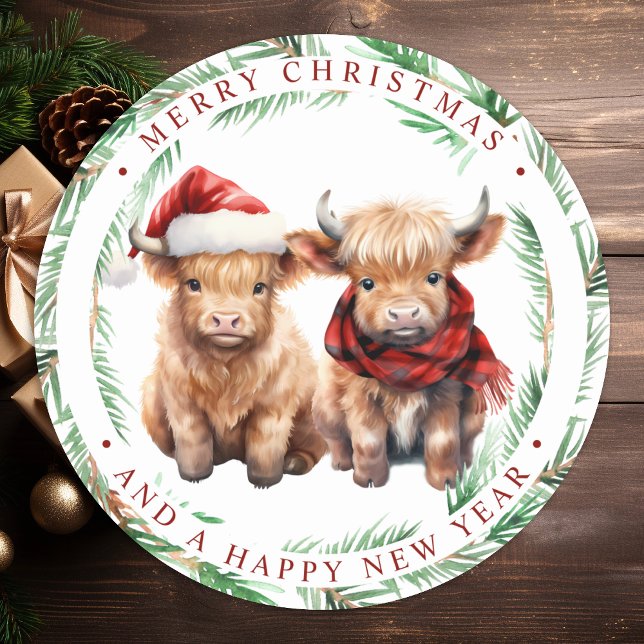 Niedliche Kühe-Landtiere frohe Weihnachten Runder Aufkleber (Von Creator hochgeladen)