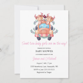Niedliche Kühe Pink Car Twin Girls Babydusche Einladung