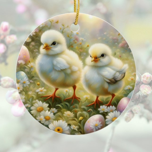 Niedliche Küken auf einer Wiese mit Ostereiern, Vi Keramik Ornament (Von Creator hochgeladen)