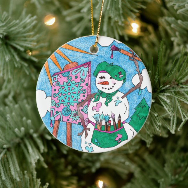 Niedliche Künstlerin Snowman Weihnachten Keramik O Keramik Ornament (Baum)
