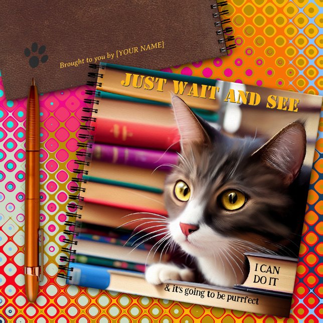 Niedliche künstlerische Katalogbücher Zurück zu Sc Notizbuch (Cute notebook featuring a colorful painting of a kitty on the books shelves - perfect back to school)