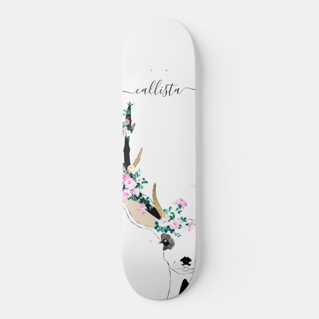 Niedliche Künstlerische Rosa Blumentierdarstellung Skateboard (Vorderseite)