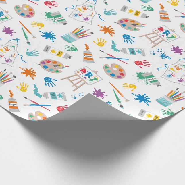 Niedliche Kunstlieferungen auf Weiß Geschenkpapier (Ecke)