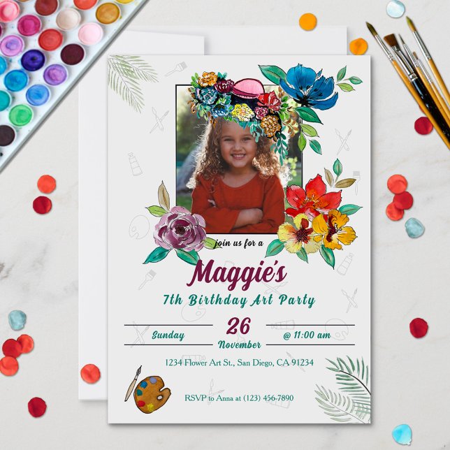 Niedliche Kunstmalerei Kindergeburt Einladung (Cute playful watercolor flowers and a hat photo art girl's birthday party invitation.)