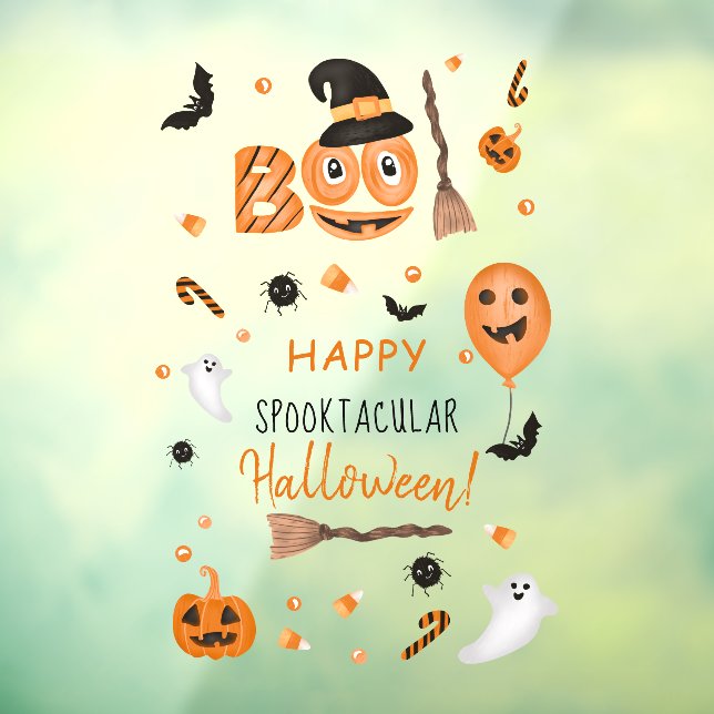 Niedliche Kürbisboo-Illustration Happy Halloween Fensteraufkleber (Blatt 3)