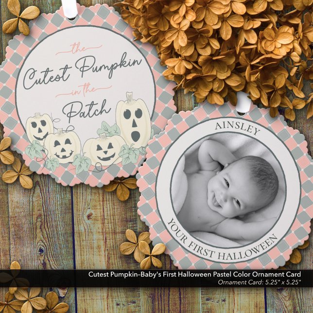 Niedliche Kürbiskinderfarbe Ornament Karte (Cutest Pumpkin–Baby's First Halloween Ornament Card Keepsake: Pink and Gray Pastel Colors)