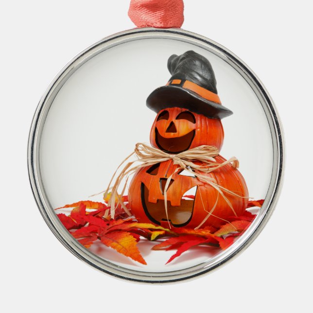 Niedliche Kürbislaterne Happy Halloween Ornament Aus Metall (Vorne)
