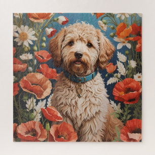 Niedliche Labradoodle-Daisy- und Mohnblüte-Blume
