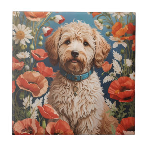 Niedliche Labradoodle-Daisy- und Mohnblüte-Blume Fliese