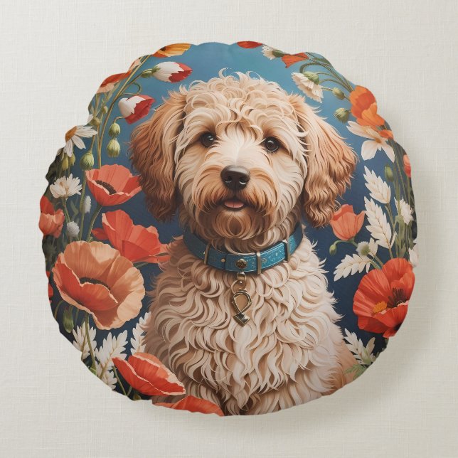 Niedliche Labradoodle-Daisy- und Mohnblüte-Blume Rundes Kissen (Vorderseite)