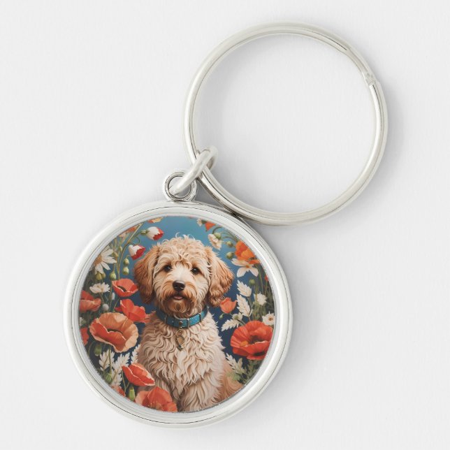 Niedliche Labradoodle-Daisy- und Mohnblüte-Blume Schlüsselanhänger (Vorne)