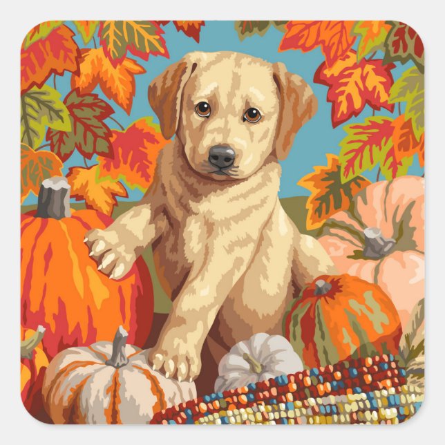 Niedliche Labrador Retriever Welpe Herbsternte Quadratischer Aufkleber (Vorderseite)