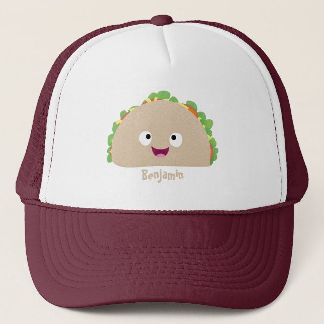 Niedliche Lächelnde Taco-Cartoon-Illustration Truckerkappe (Vorderseite)