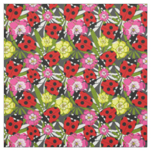 Niedliche Ladybirds und Blume Muster auf Grau Stoff