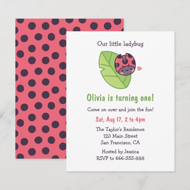 Niedliche Ladybug auf der Leaf Doodle Girls Geburt Einladung (Vorne/Hinten)