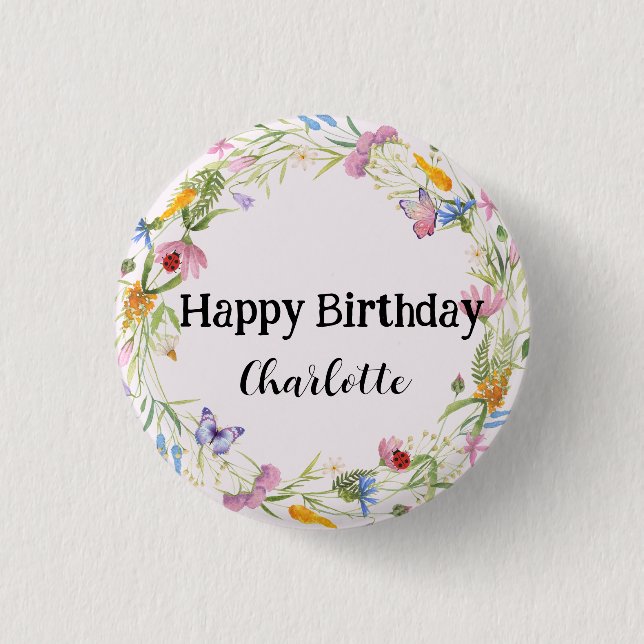 Niedliche Ladybug Butterfly farbige Blume Geburtst Button (Vorderseite)