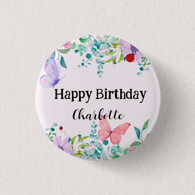 Niedliche Ladybug Butterfly farbige Blume Geburtst Button (Vorderseite)