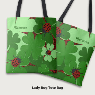 Niedliche Ladybug Clover Blätter Name in grün Tasche