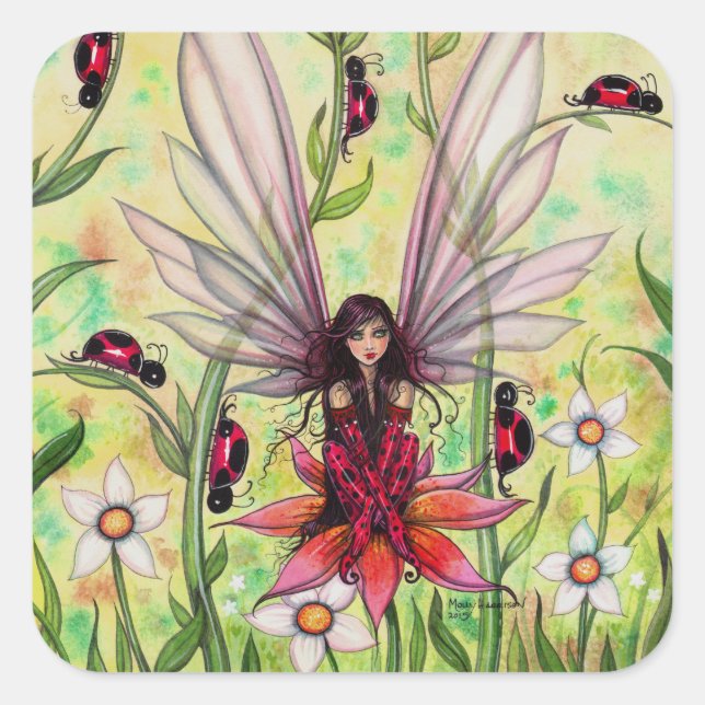 Niedliche Ladybug Fairy Fantasy Art Illustration Quadratischer Aufkleber (Vorderseite)
