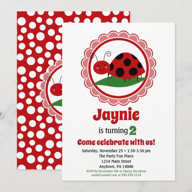 Niedliche Ladybug Girls Einladung zum Geburtstag (Vorne/Hinten)