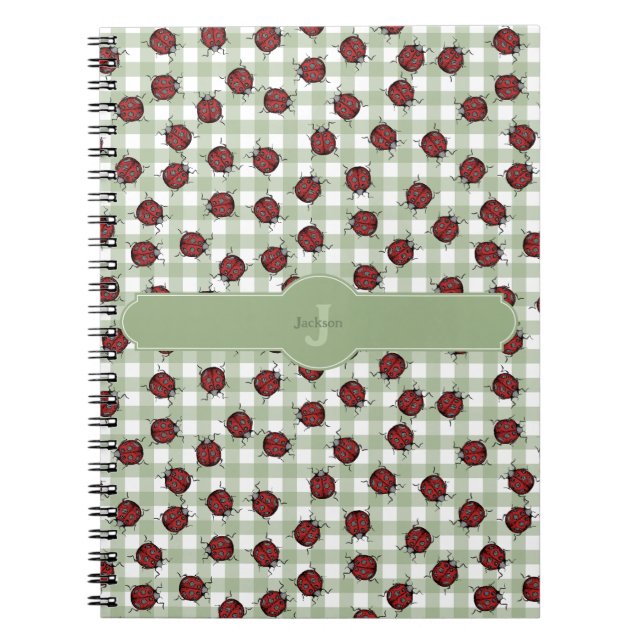 Niedliche Ladybug Pattern Green Gingham Monogram N Notizblock (Vorderseite)