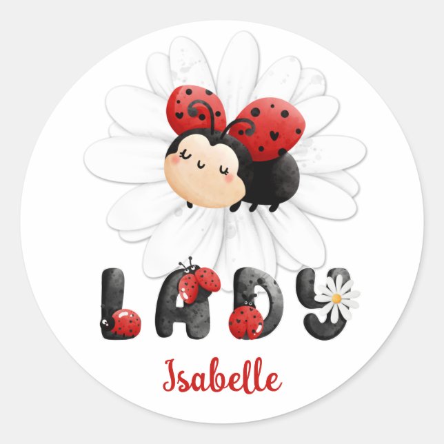 Niedliche Ladybug Personalisiert Girl Runder Aufkleber (Vorderseite)