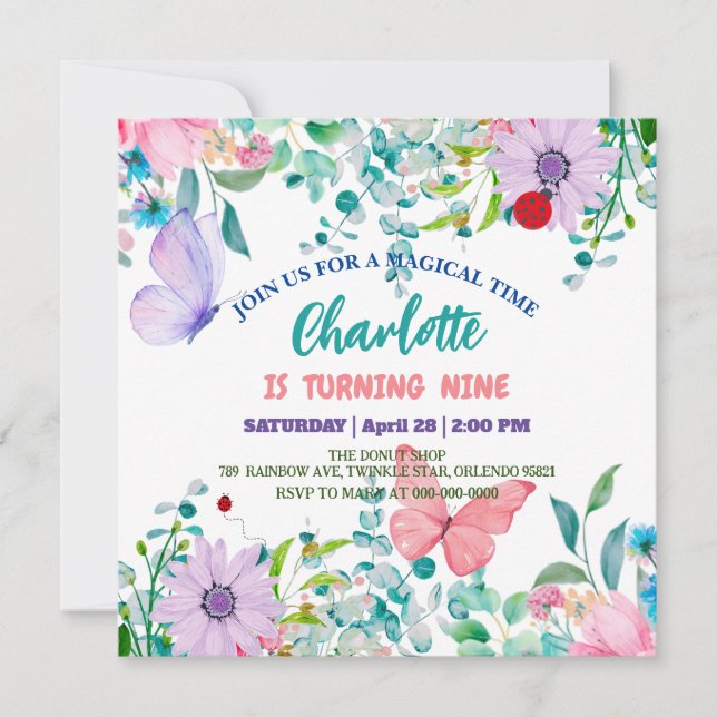 Niedliche Ladybug Polka dot floral Blume Geburtsna Einladung (Vorderseite)