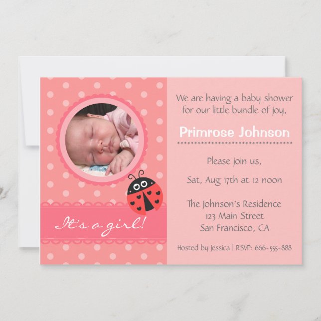Niedliche Ladybug Polka Dots Baby Girl Duschvorric Einladung (Vorderseite)