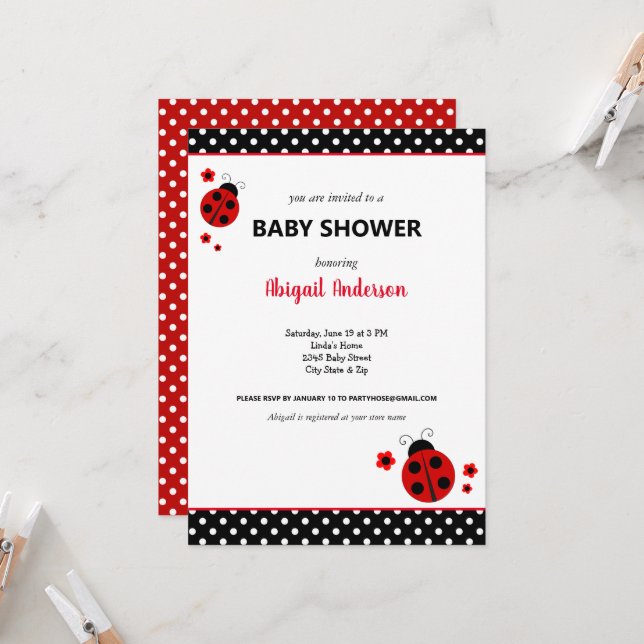 Niedliche Ladybug Polka Dots Babydusche Einladung (Vorderseite/Rückseite Beispiel)