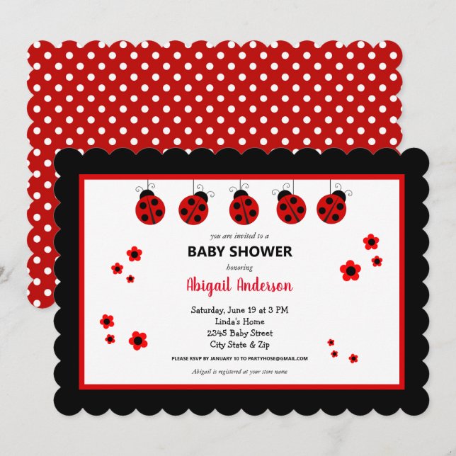 Niedliche Ladybug Polka Dots Kinderdusche Einladun Einladung (Vorne/Hinten)