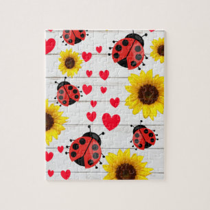 Niedliche Ladybug Sonnenblume und Herzgeschenk